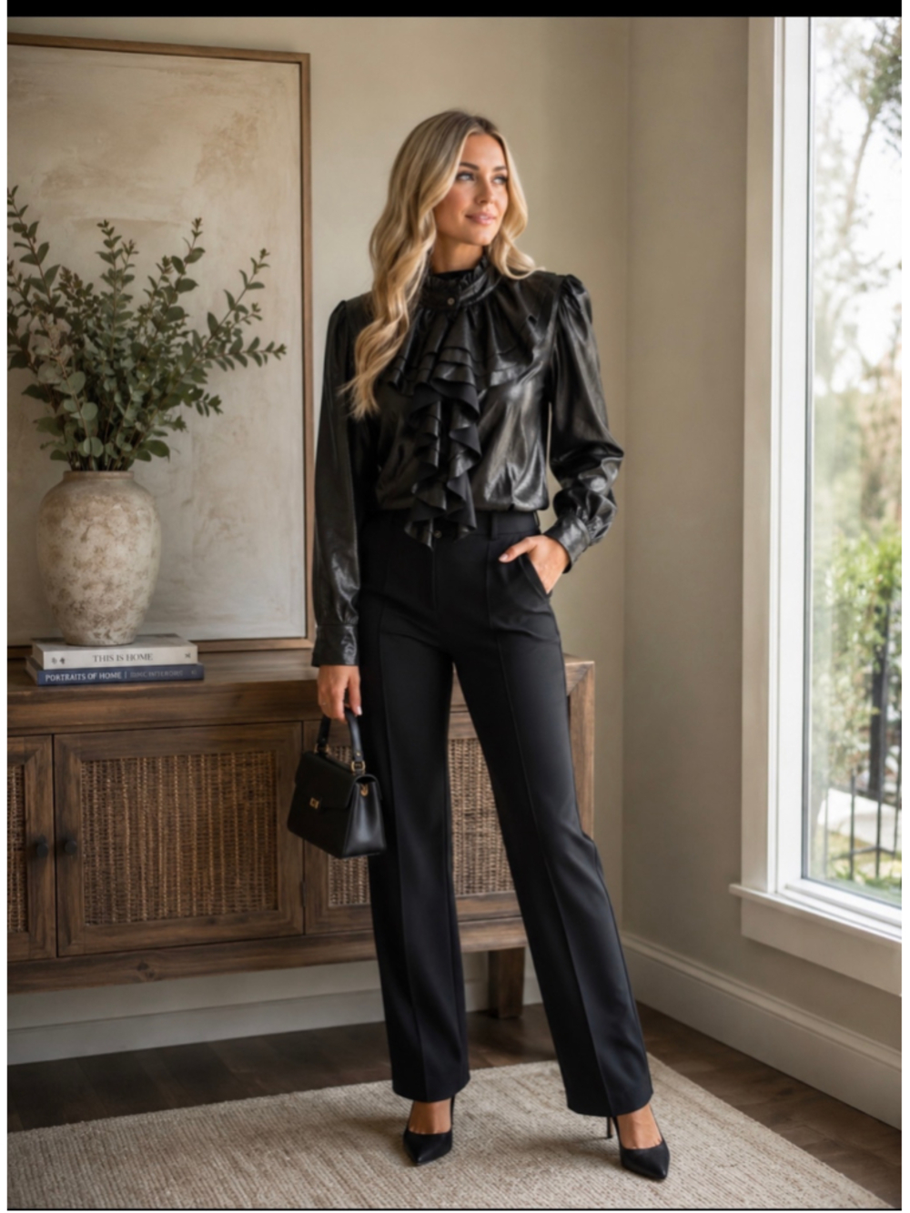 Women's Lola & Sophie Black Faux Leather Ruffle Blouse Size S